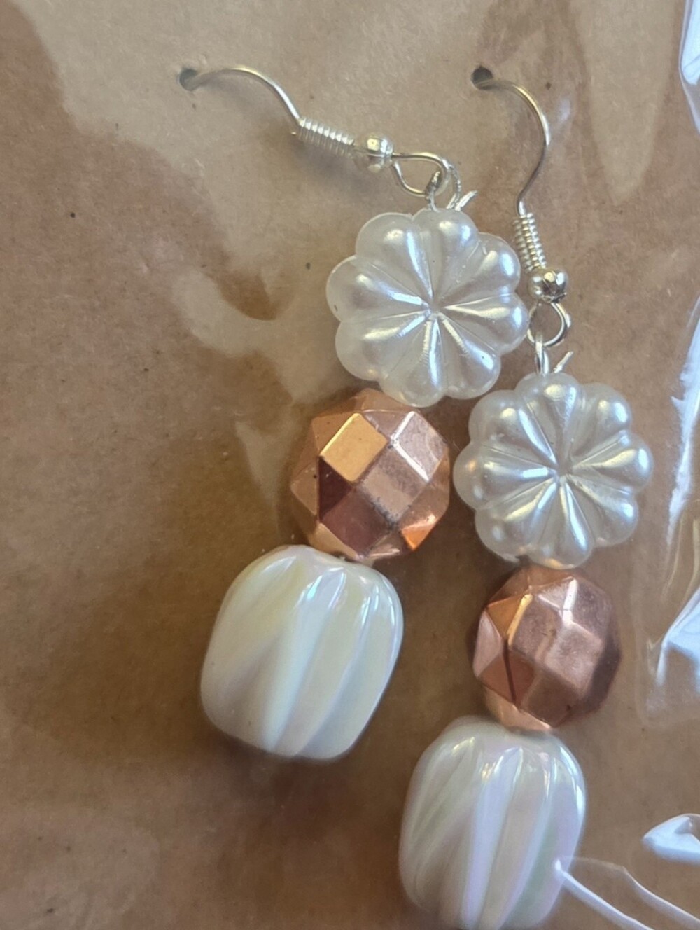 Pearl White and Rose Gold Floral Bead Dangle Earrings